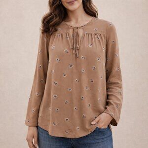 Amuse Society Brown Floral Long Wide Bell Sleeve Tie Front Boho Blouse Size XS